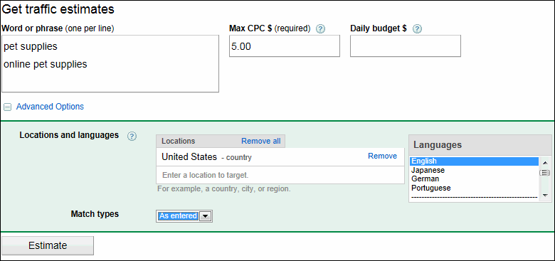 Google Traffic Estimator genel olarak adwords çalışmalarında kullanılan bir araçtır. Ancak arama motoru optimizasyonu içinde aklınızda fikir oluşmasına yardımcı olabilir.
